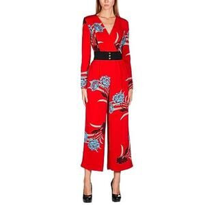 Diane Von Furstenberg Red Floral Print Crossover Farren Jumpsuit Size Medium